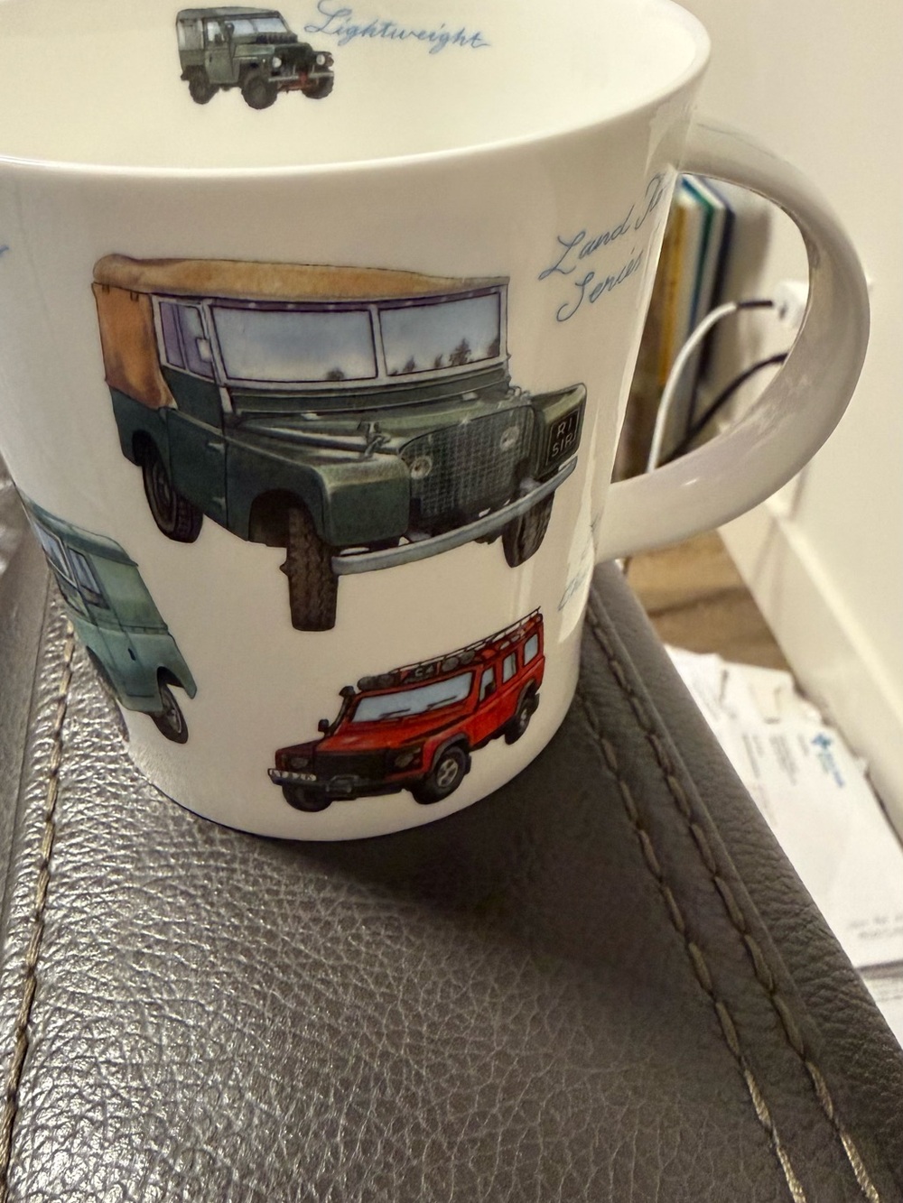 White Ceramic Mug with Green and Red Land Rover Illustrations